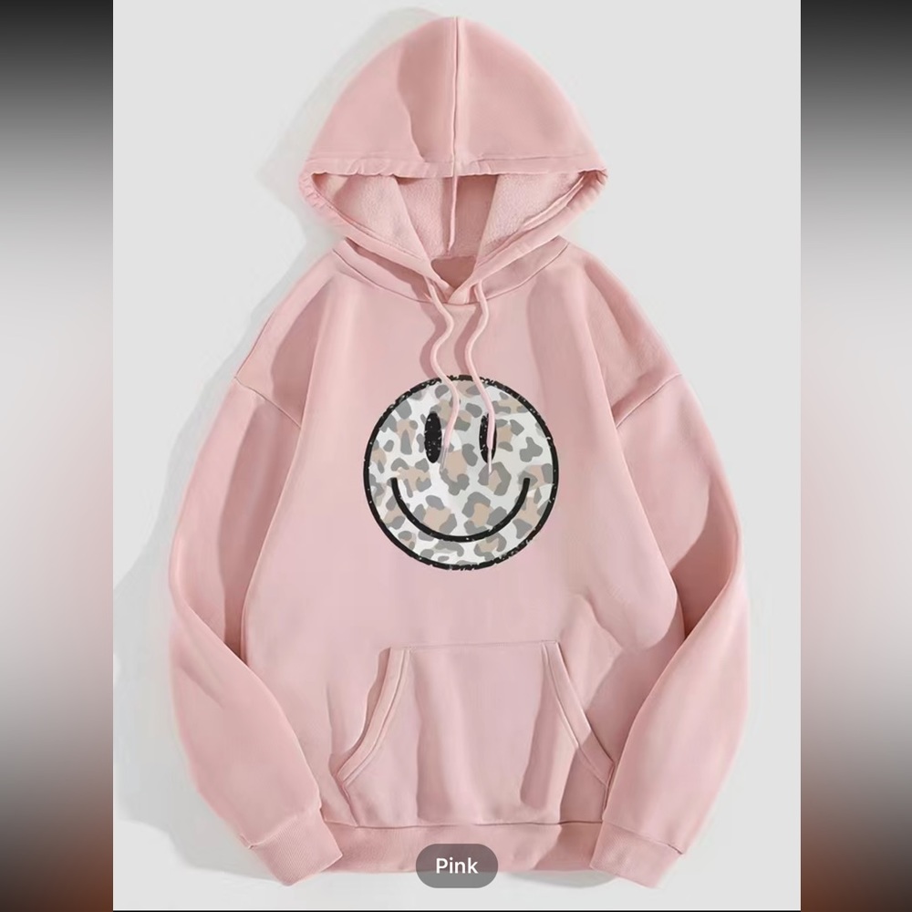 PINK CAMO SMILE HAPPY HOODIE. Pretty true to size, would order 1 size bigger.